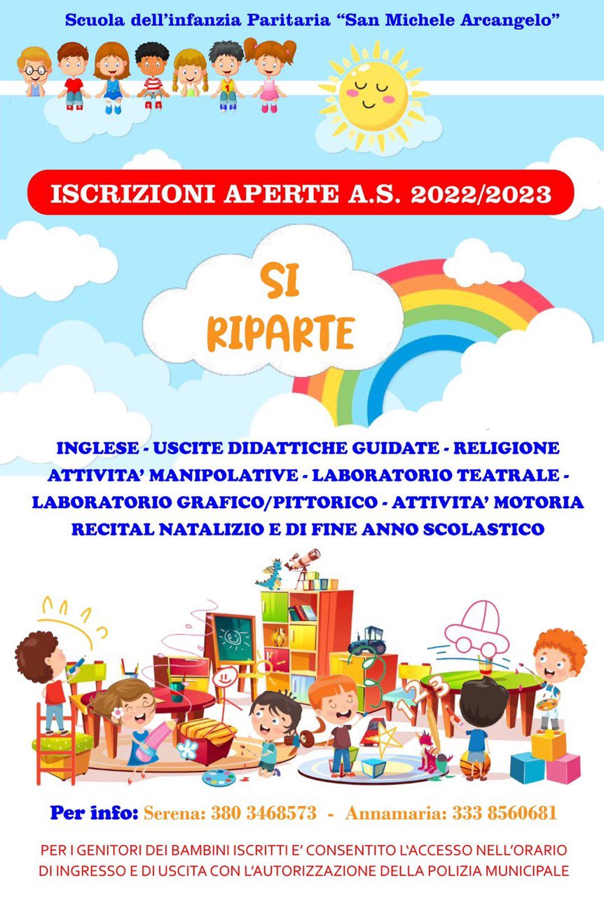 Aperte le iscrizioni alla scuola dell'infanzia paritaria San Michele  Arcangelo